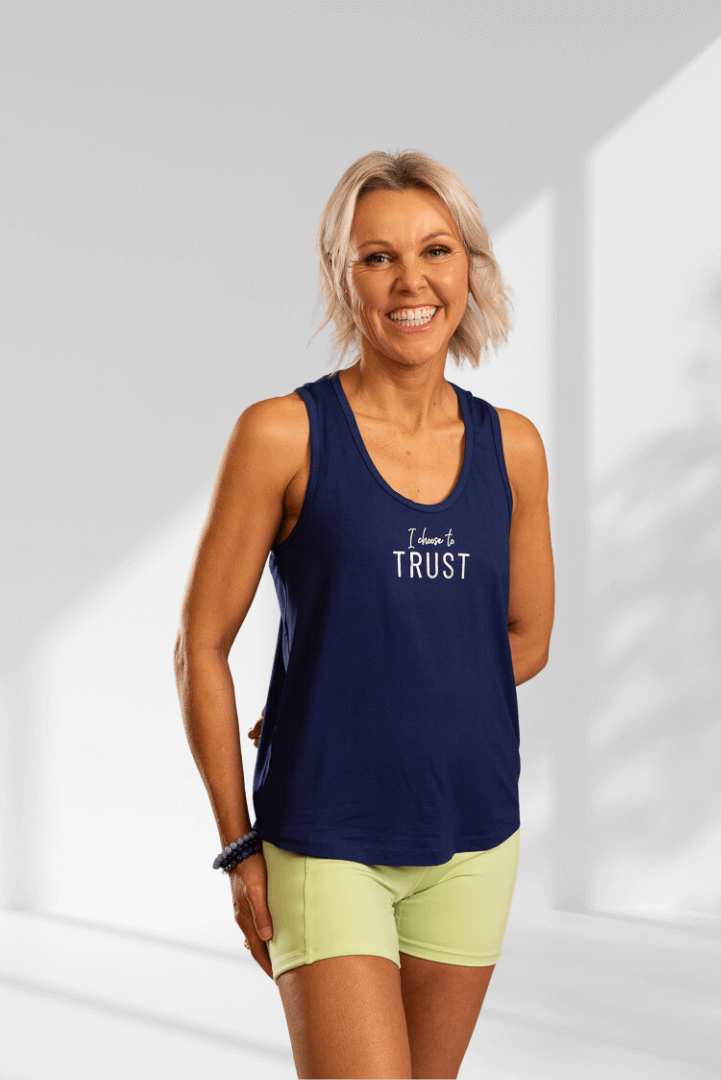 Trust  Dark blue sleeveless racerback activewear top – Empowered Clothing